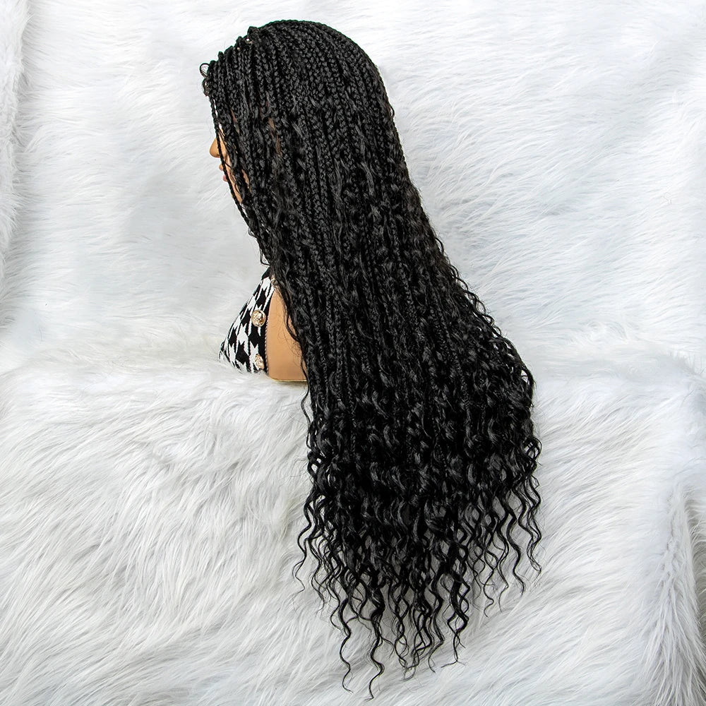Curly End Box Braids Lace Frontal Wig with Baby Hair | Synthetic Full Lace Braided Wig for Black Women