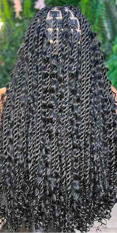 Bohemian Box Braided Wig | Full Lace Senegalese Twist & Goddess Locs Styles | Synthetic Braided Wig | Light Brown Lace
