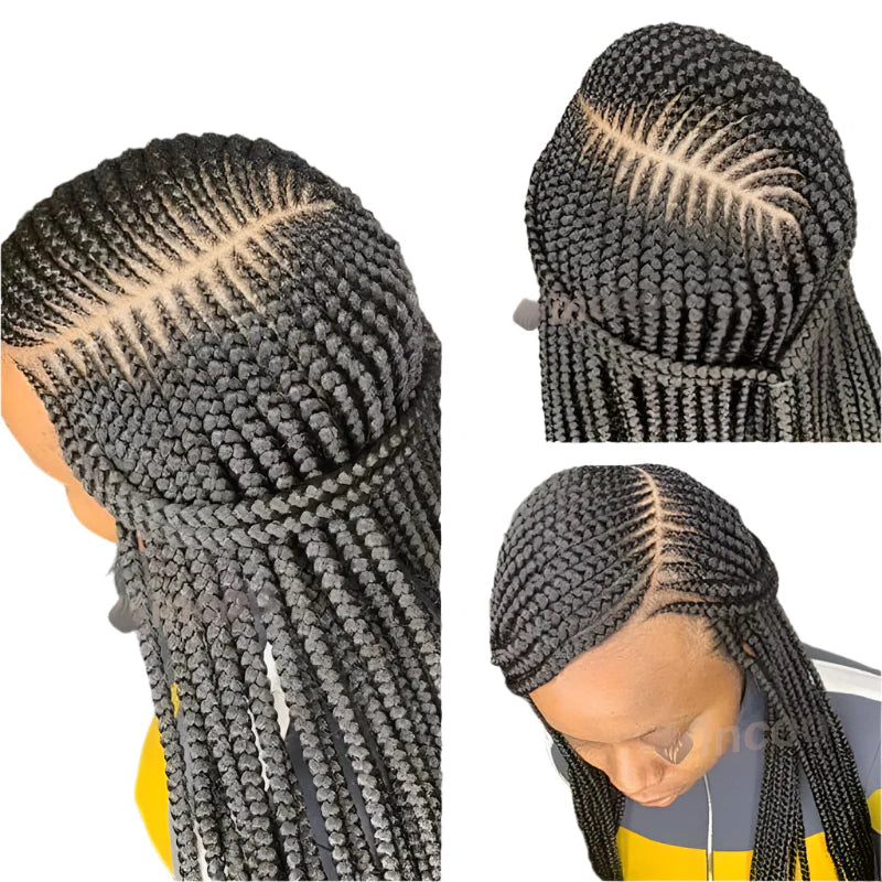 36" Cornrow Braided Wigs Synthetic Handmade Side Part Braided Wig Full Lace Frontal Braiding Wig Goddess Knotless Box Braids Wig