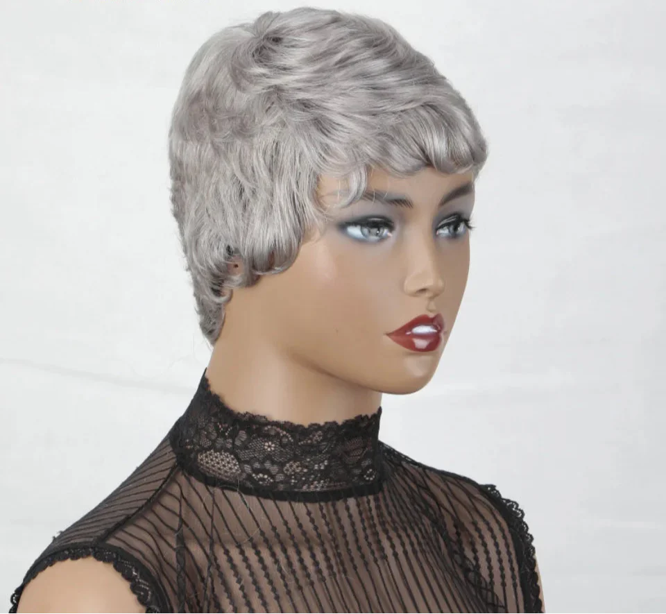 Grey & Natural Black Pixie Cut Wig with Bangs | Remy Human Hair Full Machine Made