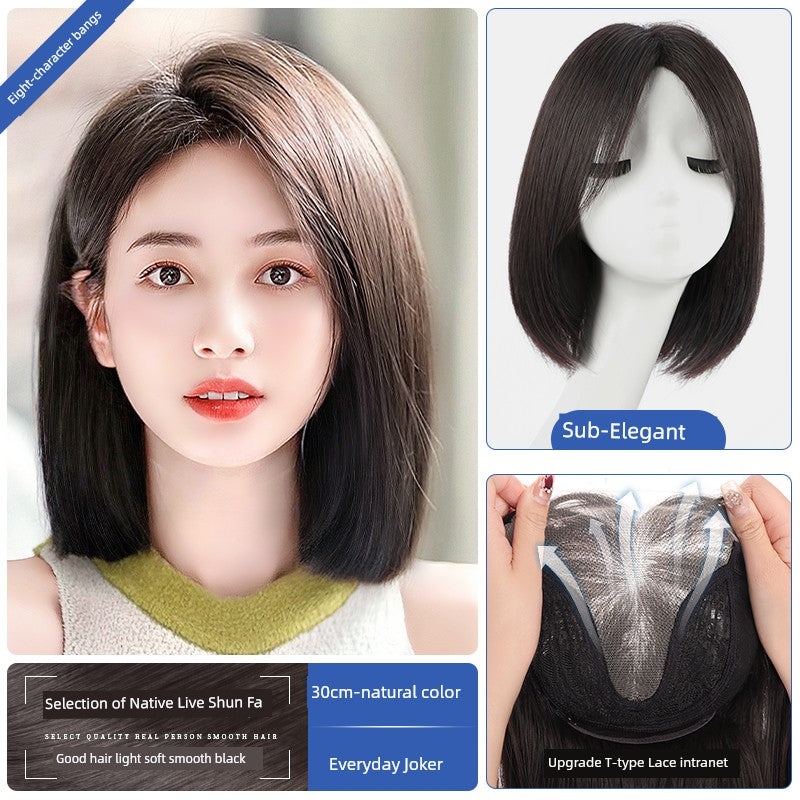 Natural Full-Head Human Hair Wig | Classy Collarbone Length Short Straight Wig with Oblique Bangs for Women (Sweet & Lovely, Elegant Style)