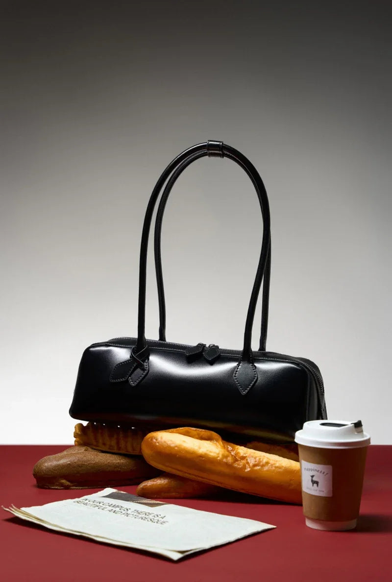 New Genuine Leather Women's Shoulder Bag | Large Capacity Cowhide Luxury Handbag (Long Strip Wine Red Baguette Bag)