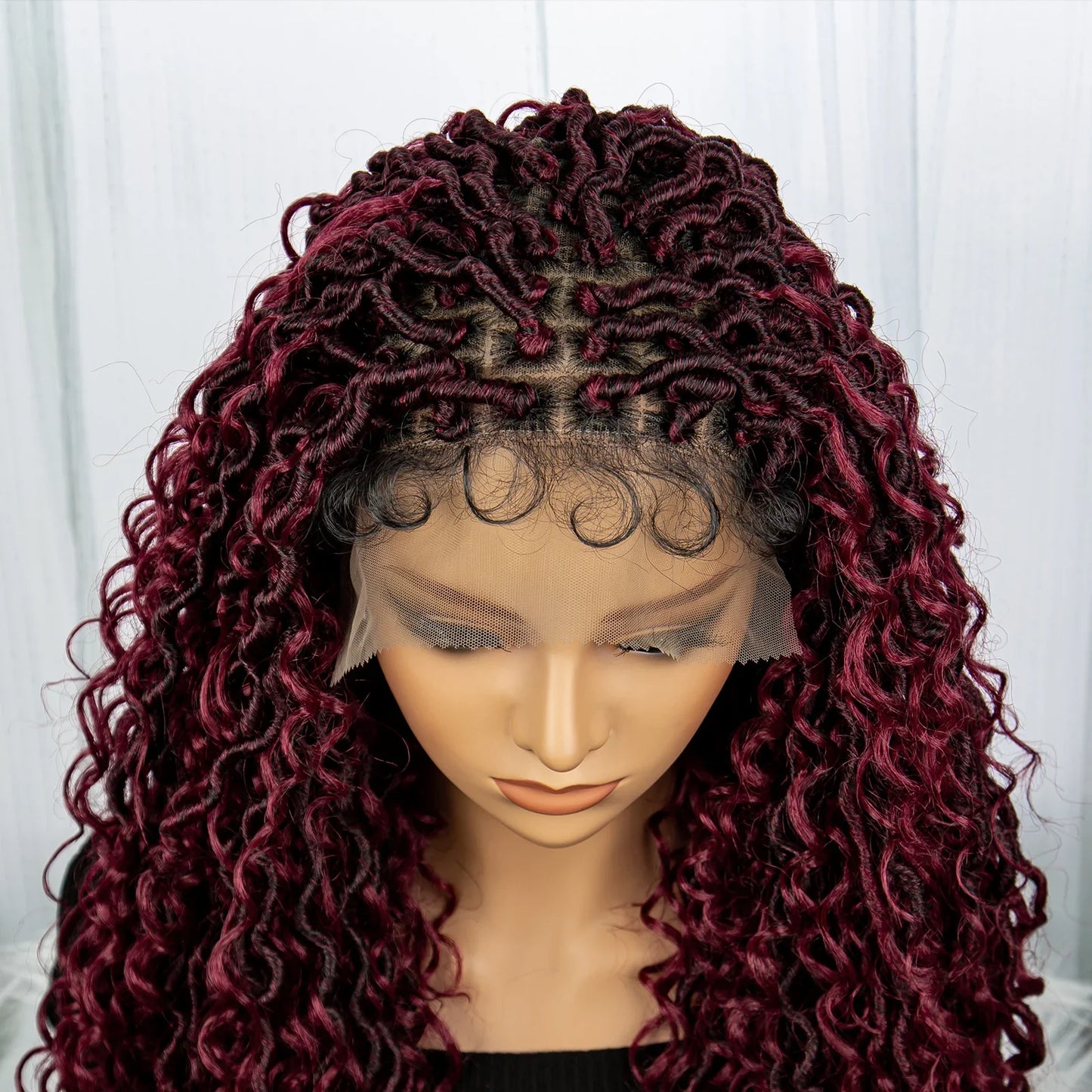 Burgundy 26" 99J Knotless Box Braids Wig | Curly Ends | Faux Locs | Swiss Lace Front | Braided Wigs for Black Women