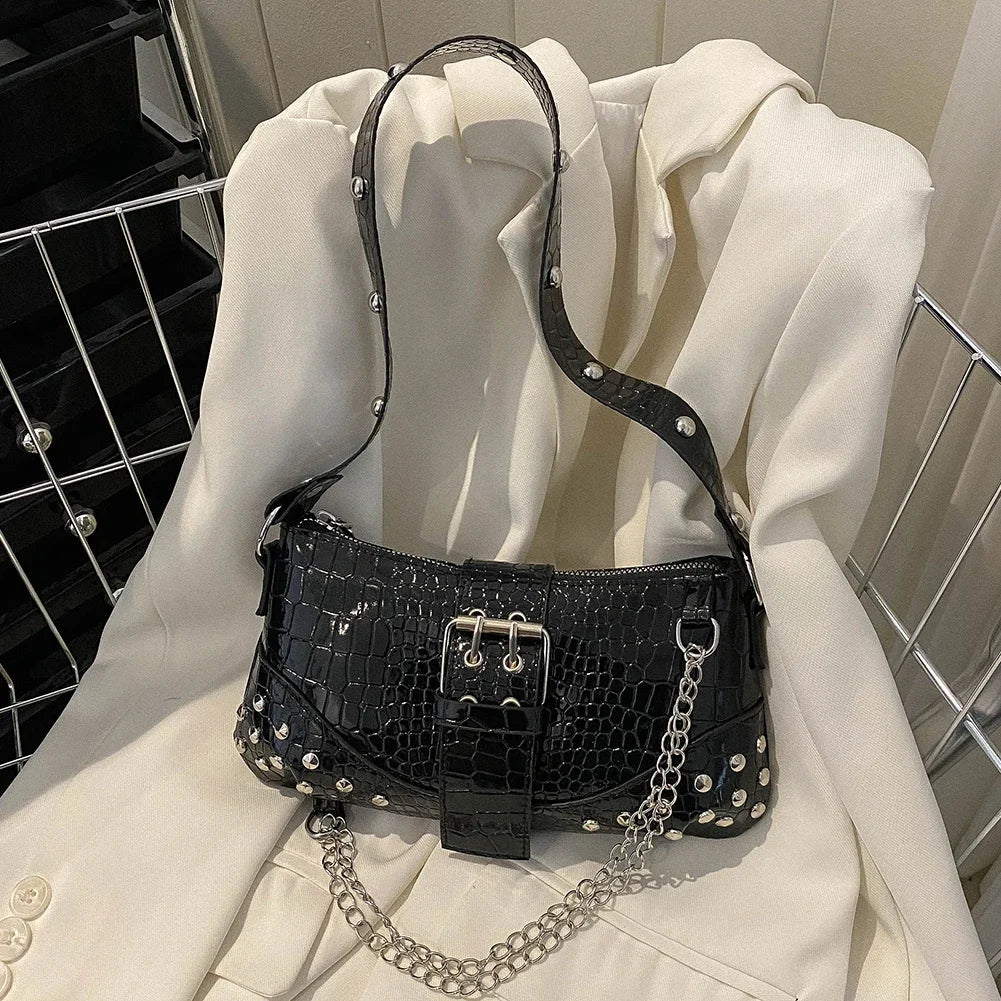 Fashion Women's Y2K Armpit Bag | Luxury Design Pleated Underarm Bag (Solid Color Shoulder Messenger Hobo Handbag with Chains & Rivets)