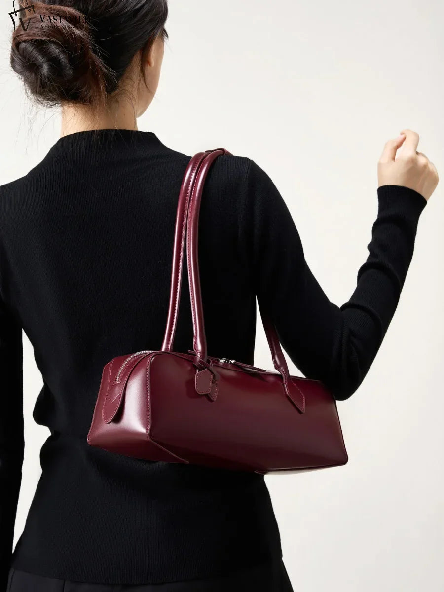 New Genuine Leather Women's Shoulder Bag | Large Capacity Cowhide Luxury Handbag (Long Strip Wine Red Baguette Bag)