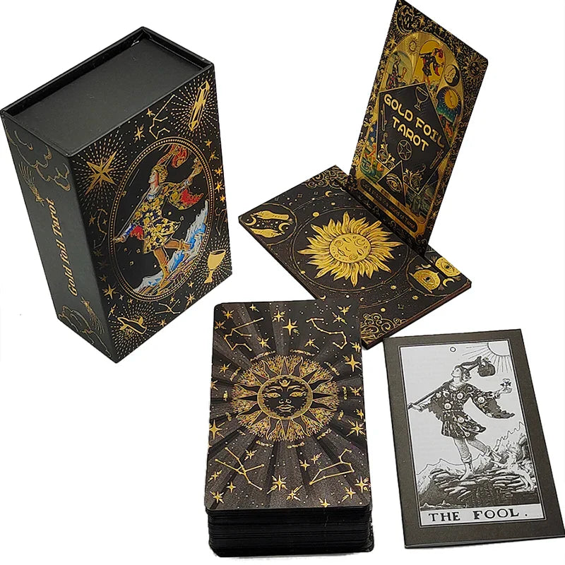 Luxe Finish Divinative Gold Foil Tarot Cards Fantastic Board Game Set For Predictive With Wooden Card Stand