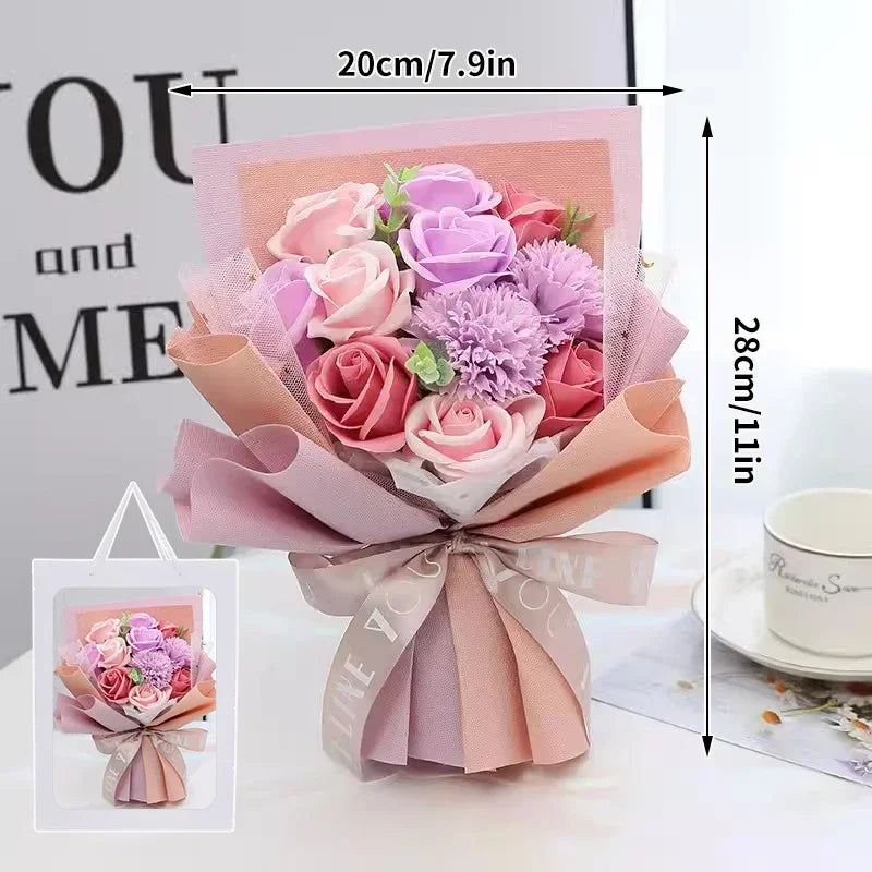 Artificial Soap Flower Preserved Bouquet Pink Rose Realistic for Mothers Day Valentines Day Anniversary Romantic Gift Decoration