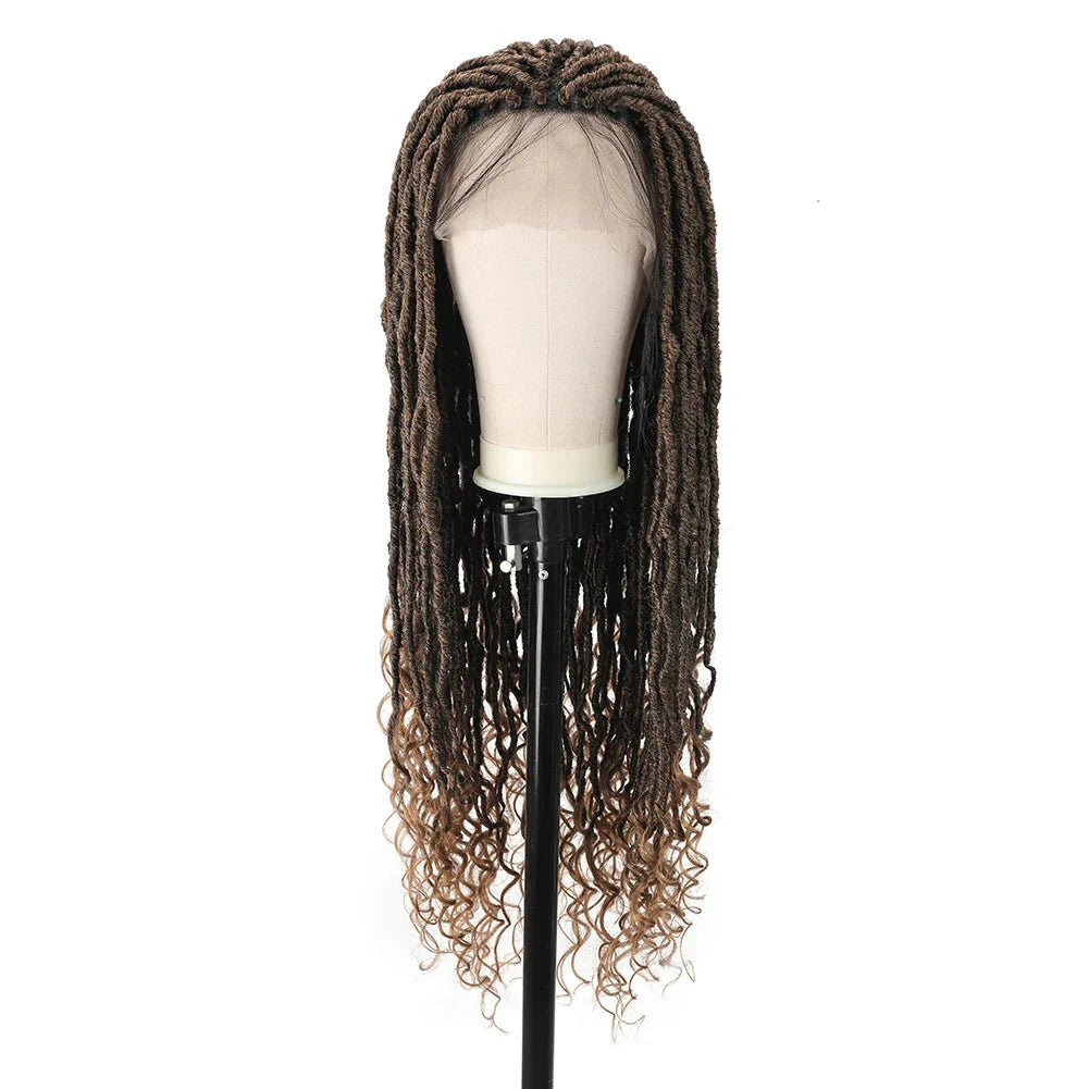 Goddess Faux Locs Crochet Wigs Synthetic Dreadlock Lace Twist Wig with Wave Curly End Lace Faux Locs Braided Wigs with Baby Hair