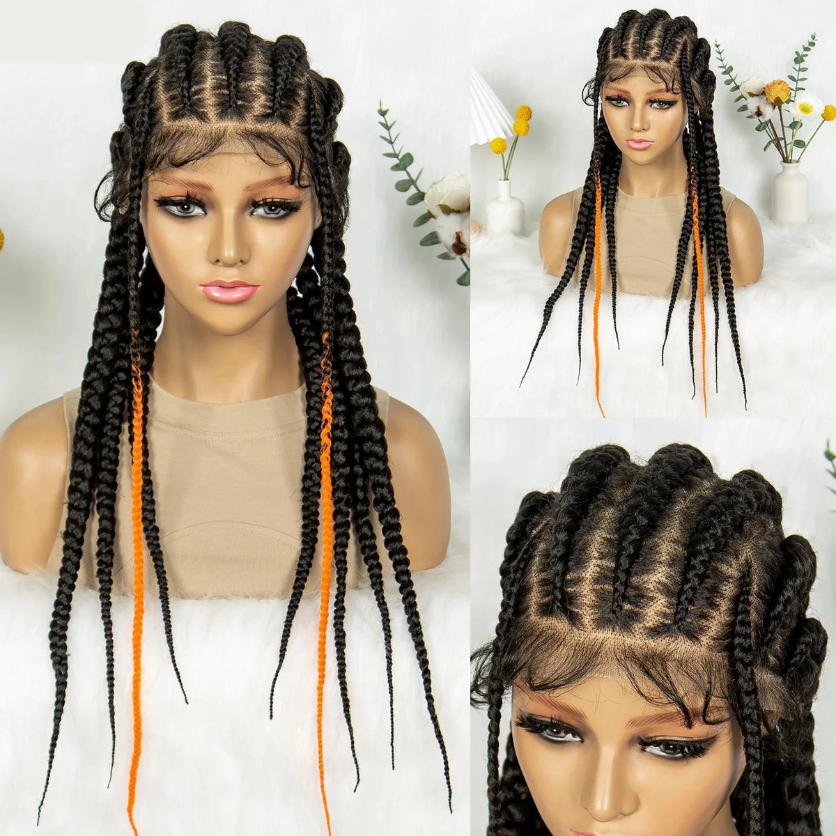 Knotless Box Braids Full Lace Wig | Cornrow Accents | Baby Hair | Synthetic Braided Wig
