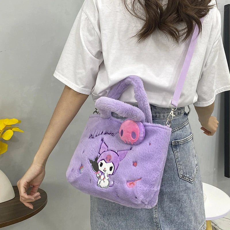 Kawaii Hello Kitty Plush Shoulder Bag | My Melody Cinnamoroll Kuromi Cute Cartoon Anime Handbag (Soft Storage Bag for Women & Girls)