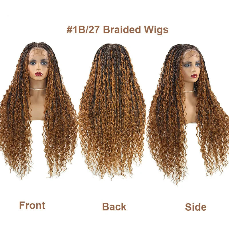 Boho Curly End Braided Full Lace Front Wig | Goddess Locs | Knotless Box Braids | Synthetic Bohemian Wig