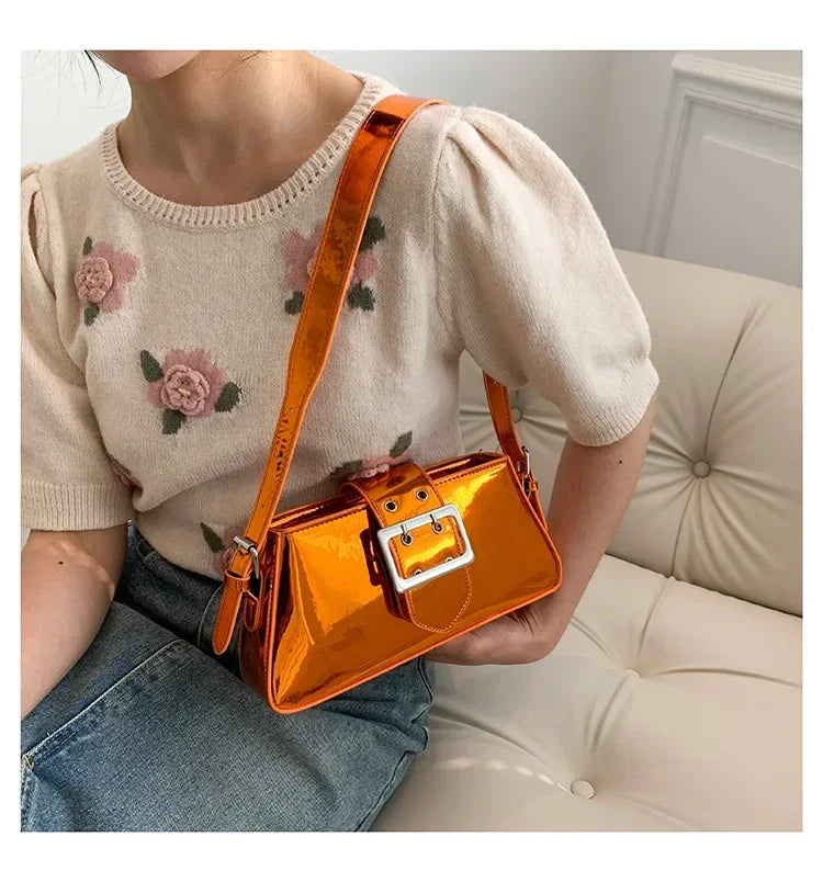 New Luxury Design Women's Glossy PU Leather Armpit Bag | Fashion Party Handbag (Patent Leather Silver Shoulder & Crossbody Bag)