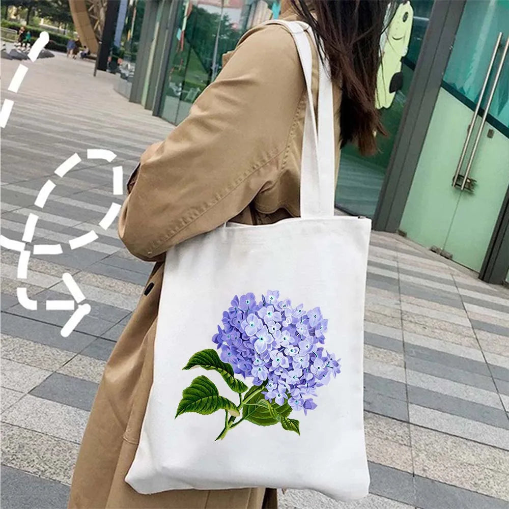 Succulove Floral Cotton Tote Bag | Large Capacity Handbag with Tulips, Hydrangeas, Sunflowers & More (Casual Shoulder Shopper, Eco-Friendly)