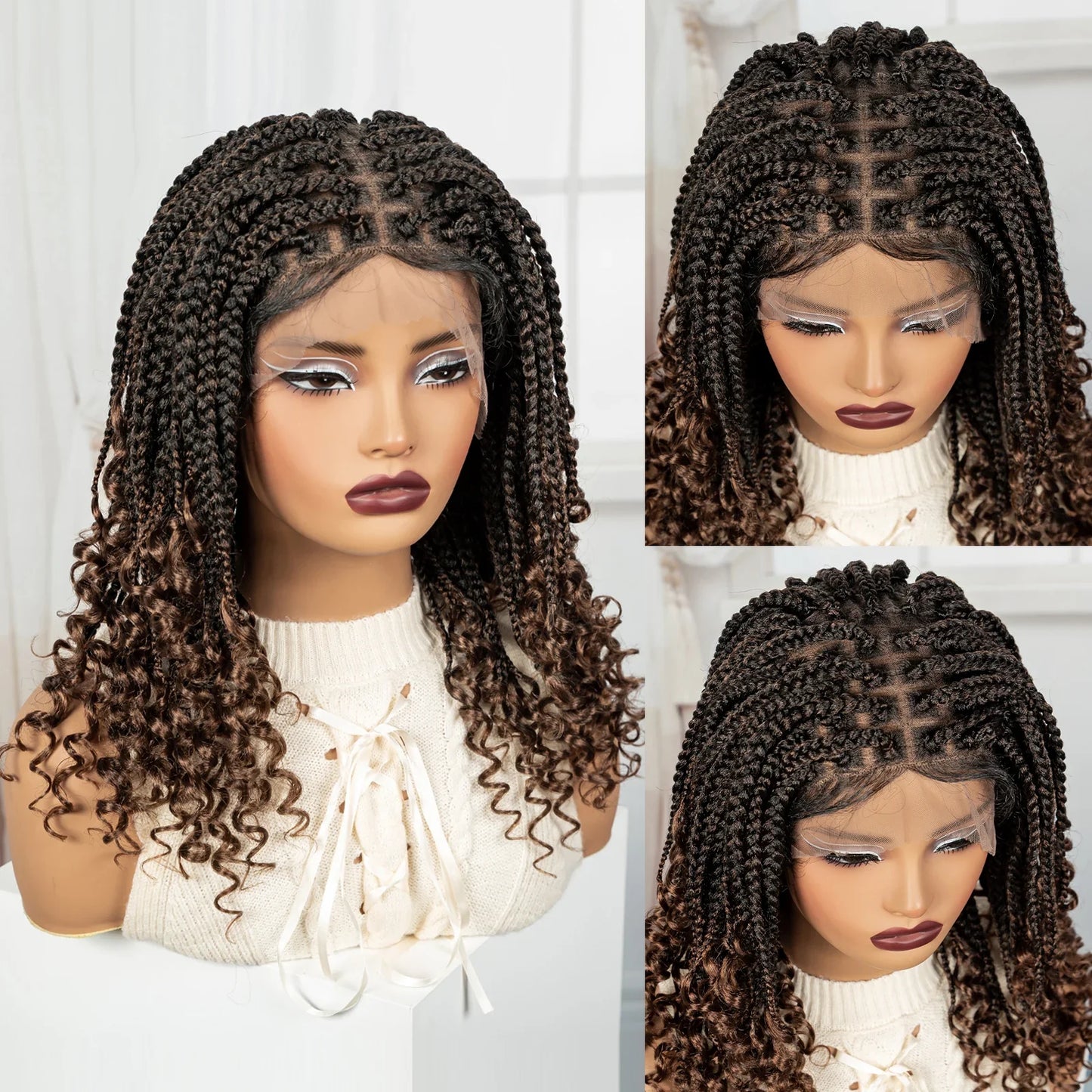 Knotless Box Boho Braided Wig with Curly Ends | Short Bob Style | Full Lace Synthetic Wig for Black Women