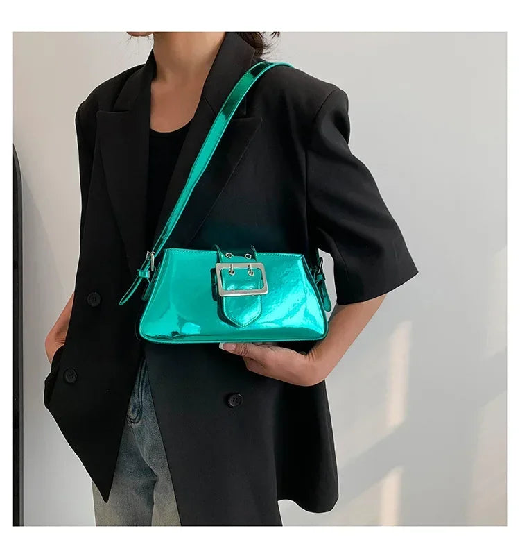New Luxury Design Women's Glossy PU Leather Armpit Bag | Fashion Party Handbag (Patent Leather Silver Shoulder & Crossbody Bag)