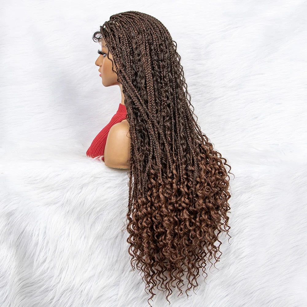 Curly End Box Braids Lace Frontal Wig with Baby Hair | Synthetic Full Lace Braided Wig for Black Women
