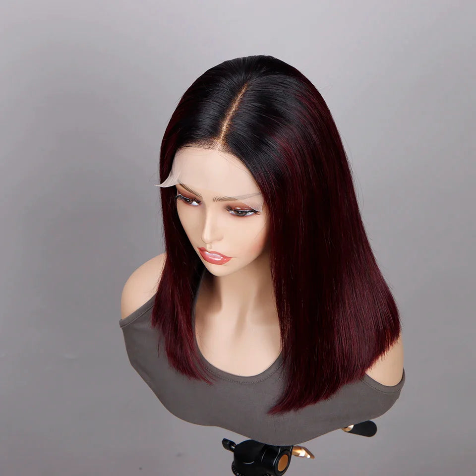 Ombre 1B/99J Burgundy & 1B/27 Honey Blonde Straight Bob Wig | HD Transparent Lace Front Human Hair (Glueless)