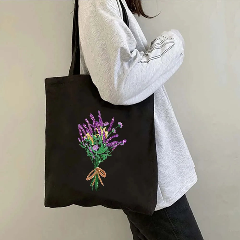 Succulove Floral Cotton Tote Bag | Large Capacity Handbag with Tulips, Hydrangeas, Sunflowers & More (Casual Shoulder Shopper, Eco-Friendly)