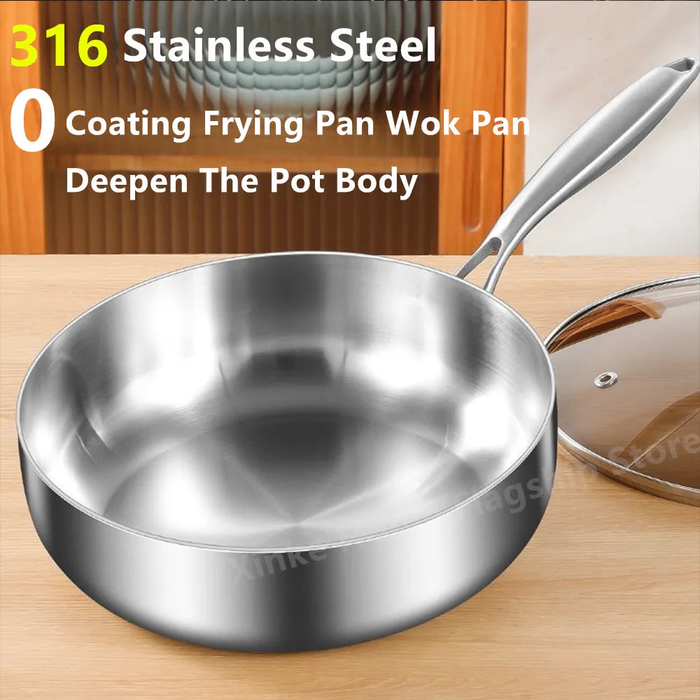 316 Stainless Steel Frying Pan Deepened Wok Uncoated NonStick Skillets Gas Stove Induction Cooker Universal Pan Kitchen Cookware