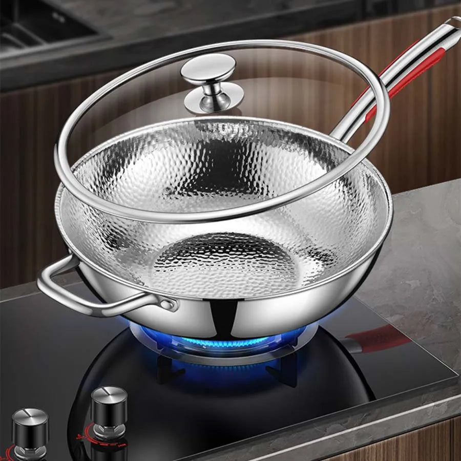 Stainless steel Round Bottom Wok Uncoated Non-stick Pan Can Be Used in Concave Induction Cooker, Household Stir-frying