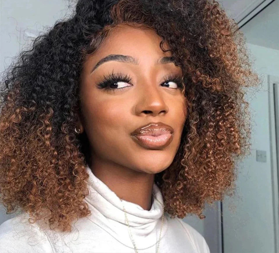 Ombre T1B/30 Afro Kinky Curly Lace Front Bob Wig | Pre-Plucked Transparent Lace Brazilian Deep Curly Human Hair