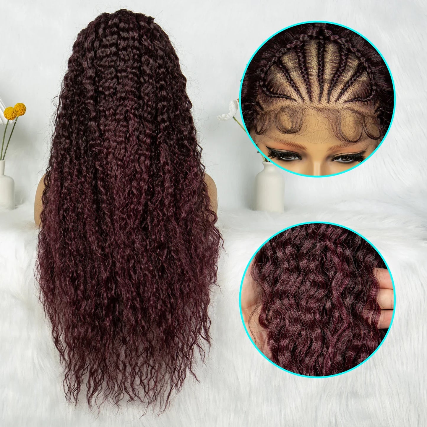 Burgundy Wavy Braided Lace Front Wig | Synthetic Braids | Black Women