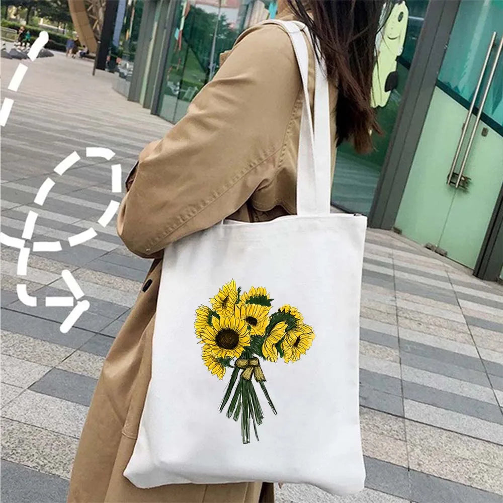 Succulove Floral Cotton Tote Bag | Large Capacity Handbag with Tulips, Hydrangeas, Sunflowers & More (Casual Shoulder Shopper, Eco-Friendly)