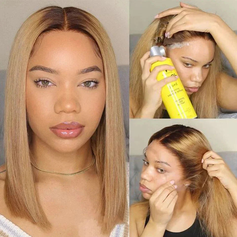 Highlight Blonde Straight Bob Wig | Transparent T-Part Lace Front Human Hair (Pre-Plucked & Bleached Knots)