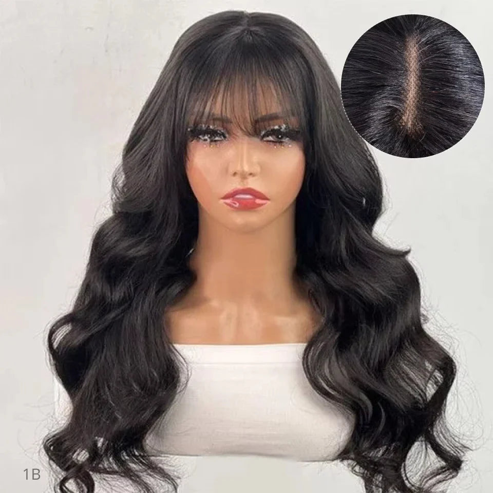 Natural Color 22" Body Wave Wig with Bangs | 180% Density Remy Human Hair Middle Part Lace