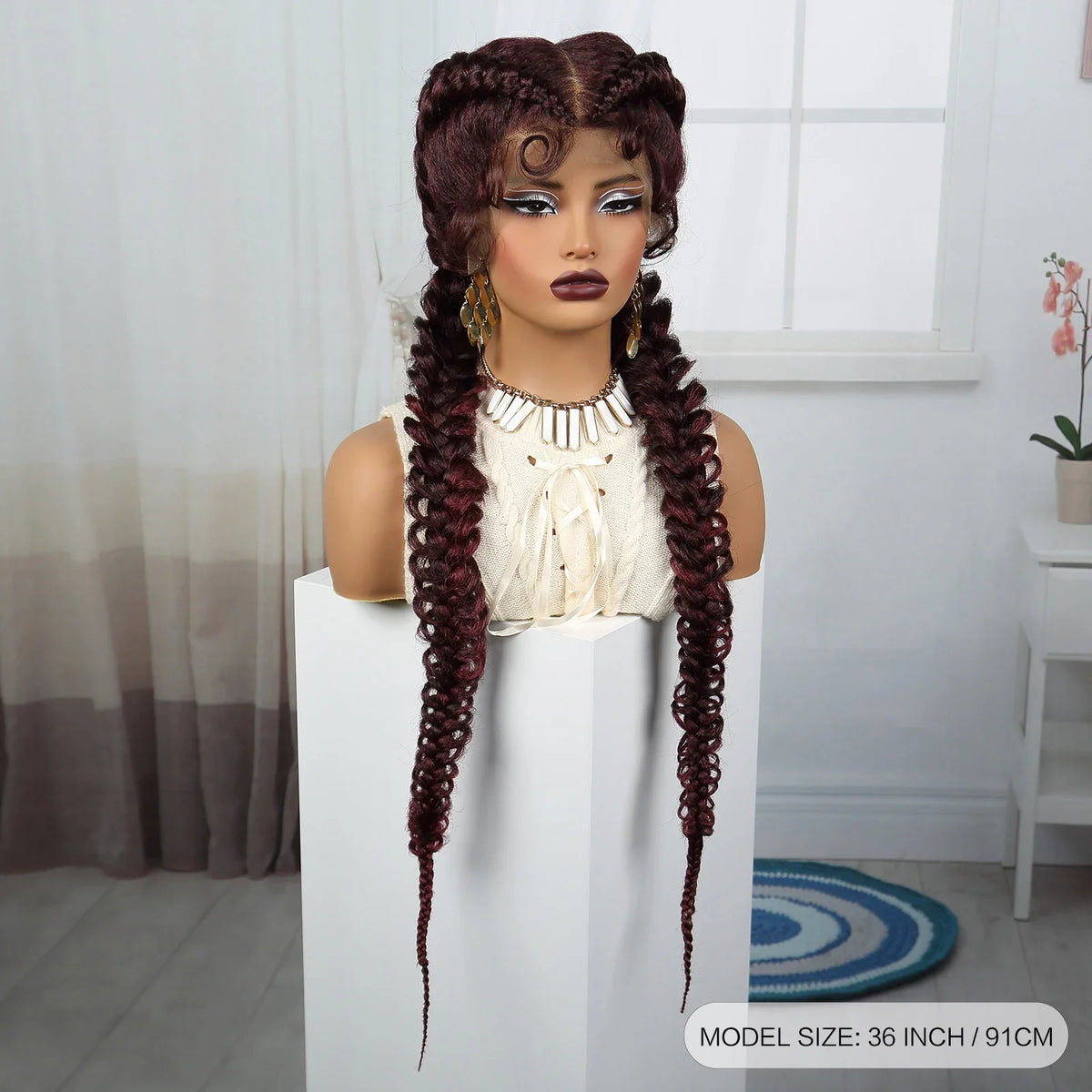 36" Burgundy Twist Cornrow Braids Wig | 99J | Lace Frontal | Baby Hair