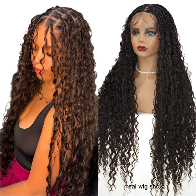 Boho Curly End Braided Full Lace Front Wig | Goddess Locs | Knotless Box Braids | Synthetic Bohemian Wig