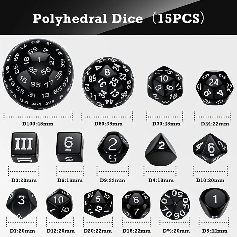 15Pcs Polyhedral Dice Table Game Dice for DND RPG Dungeons and Dragons D3 D4 D5 D6 D7 D8 D10 D% D12 D16 D20 D24 D30 D60 D100