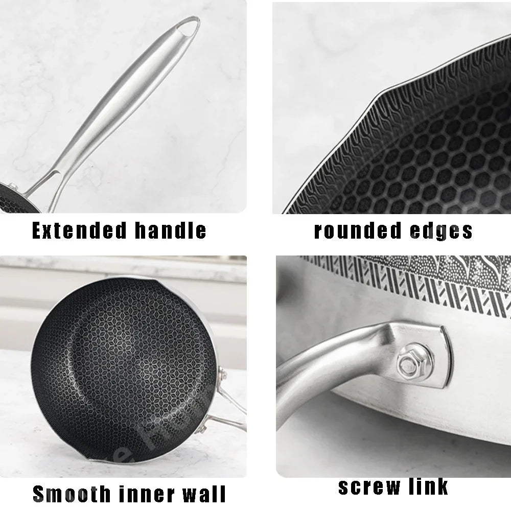 Stainless Steel Frying Pan Steak Cooking Honeycomb Non-Stick Pan Flat Bottom Wok Induction Cooker Universal Kitchen Cookware Pan