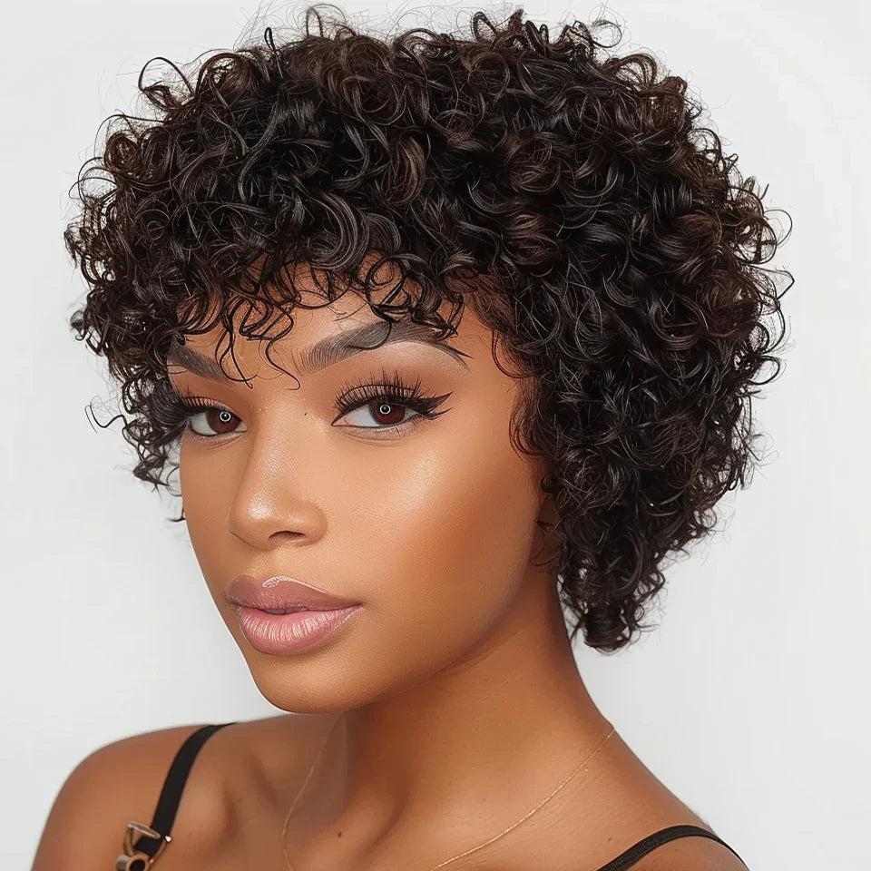 Brazilian Short Pixie Bob Afro Kinky Curly Wig with Bangs | Full Machine Made Human Hair (Natural Brown & 99J)