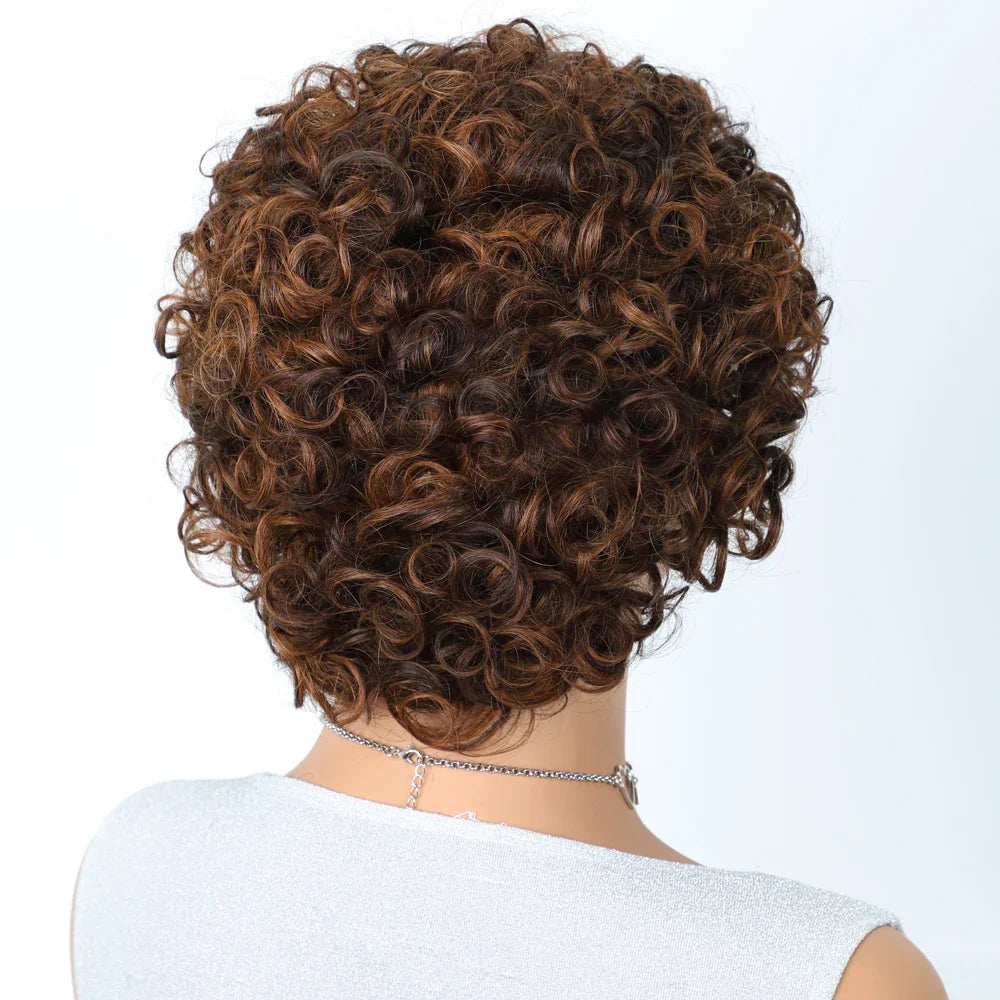 Brazilian Short Pixie Bob Afro Kinky Curly Wig with Bangs | Full Machine Made Human Hair (Natural Brown & 99J)