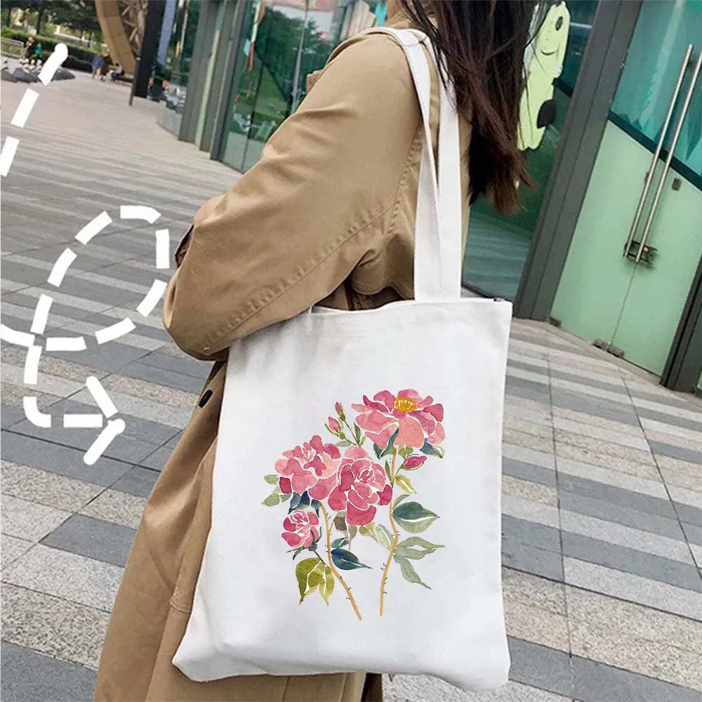 Succulove Floral Cotton Tote Bag | Large Capacity Handbag with Tulips, Hydrangeas, Sunflowers & More (Casual Shoulder Shopper, Eco-Friendly)