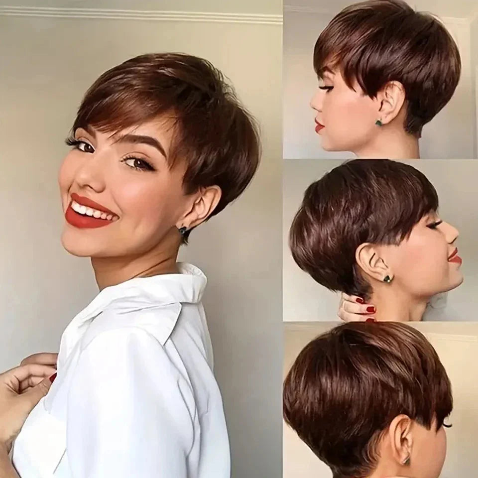Rebecca Burgundy Red & Blonde Pixie Bob Wig | Short Straight Glueless Human Hair with Bangs