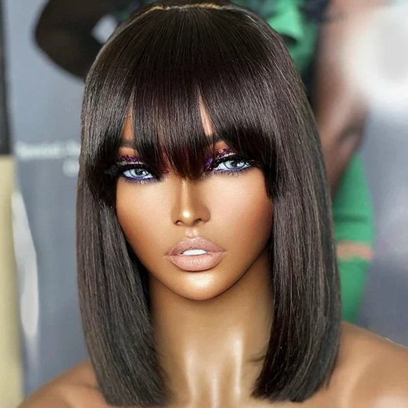 Short Straight Bob Wig with Bangs | "Put On & Go" Human Hair for Black Women (On Sale)