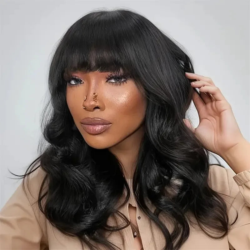Glueless Body Wave Bob Wig with Bangs | Ready-to-Go Full Machine Made Brazilian Remy Human Hair Wigs for Women