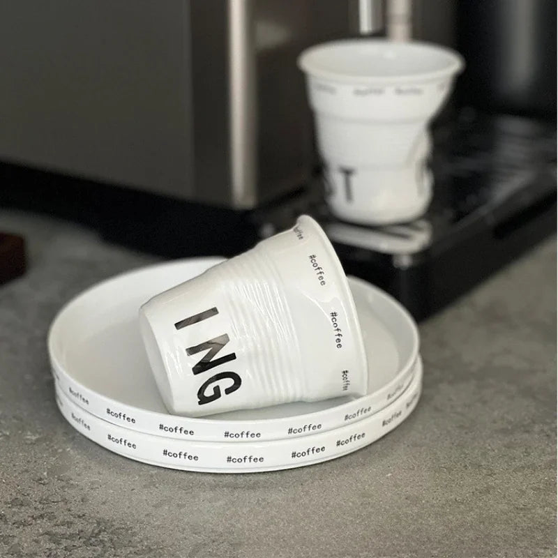 6.7oz Korean Style Cups and Mugs Coffee Mug White Ceramic Nordic Wrinkle Cup 200ml Drinking Coffe Tumbler English Letter Gift