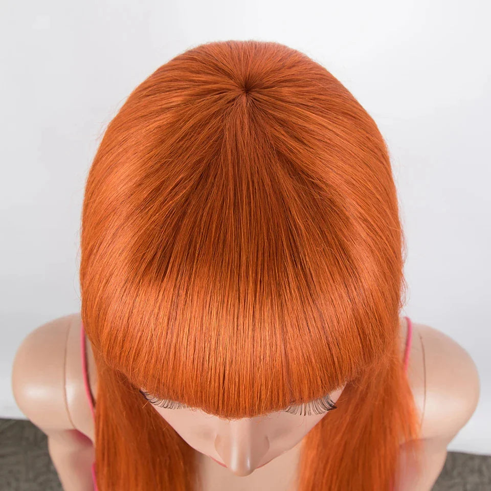 Ginger Orange Straight Human Hair Wig with Bangs | Full Machine Made Peruvian Remy Hair (Wear & Go)