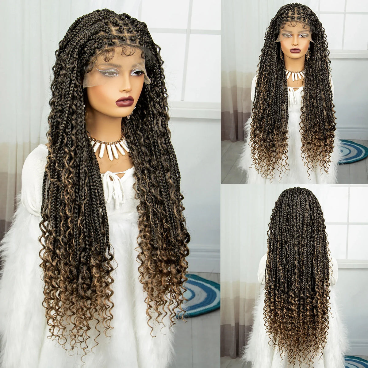 Ombre Boho Knotless Braids Wig | Curly Ends | Lace Front | Baby Hair