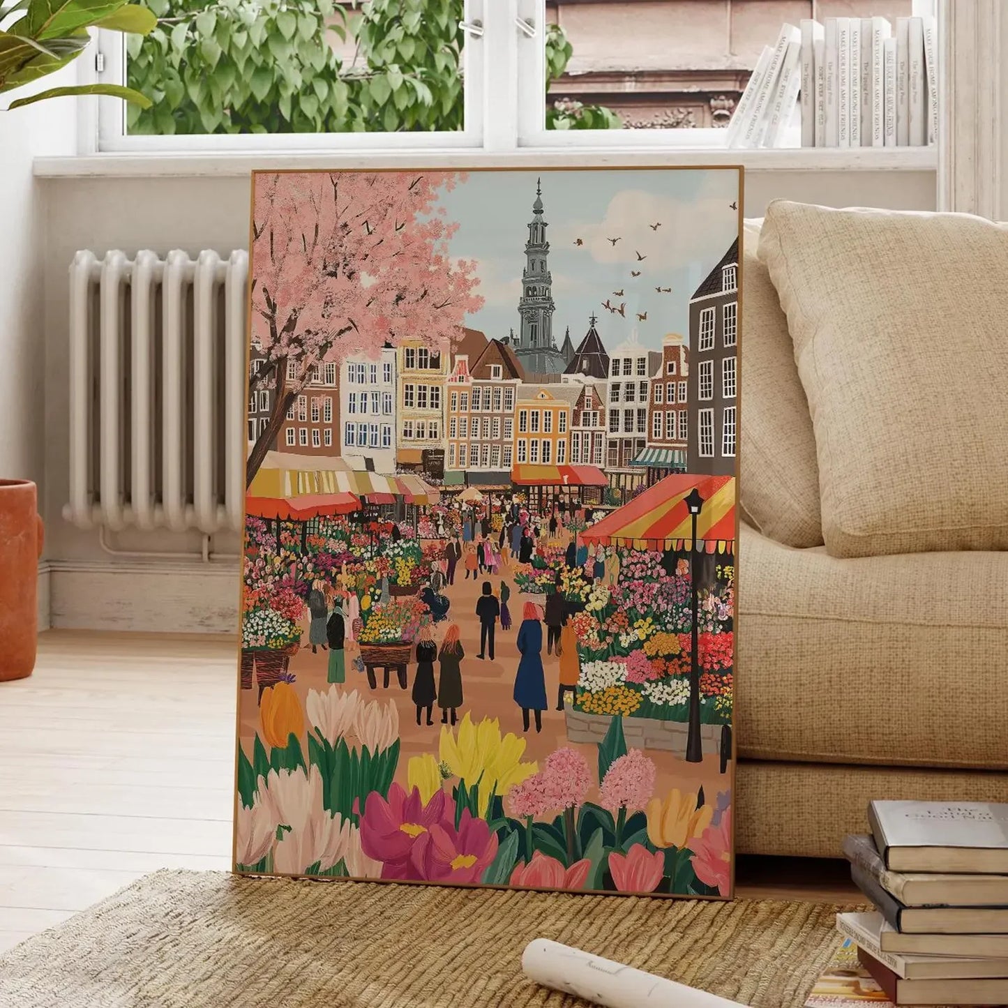 Flower market Amsterdam Watercolor Painting,Amsterdam Wall Art,Amsterdam Canals Print,Netherlands Travel Print, City Poster,Birt