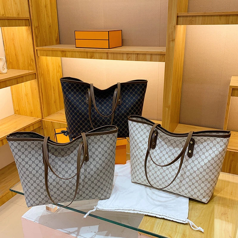 Large Capacity Shoulder Bag for Women | PU Leather Handbag for Commuting & Casual Use (Versatile Tote Bag, Geometric Pattern)