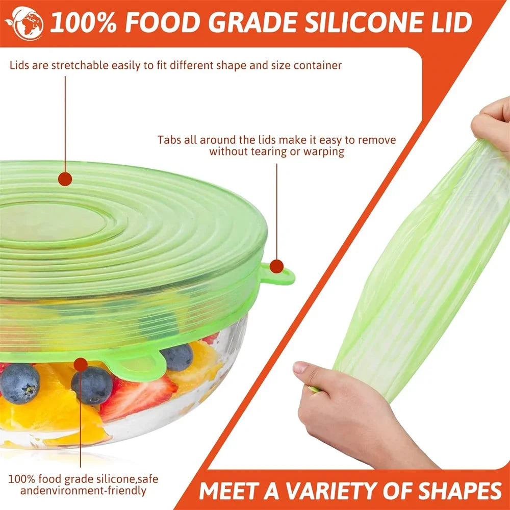 6PCS Food Grade Silicone Bowl Covers – Universal Elastic Round Lids with Airtight Seal – Reusable Kitchen Food Savers