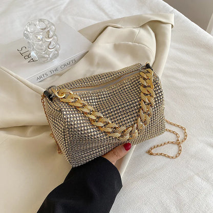Allover Rhinestone Bucket Bag | Glitter Chain Prom Purse & Women's Mini Crossbody Bag (Sparkling Evening Handbag)