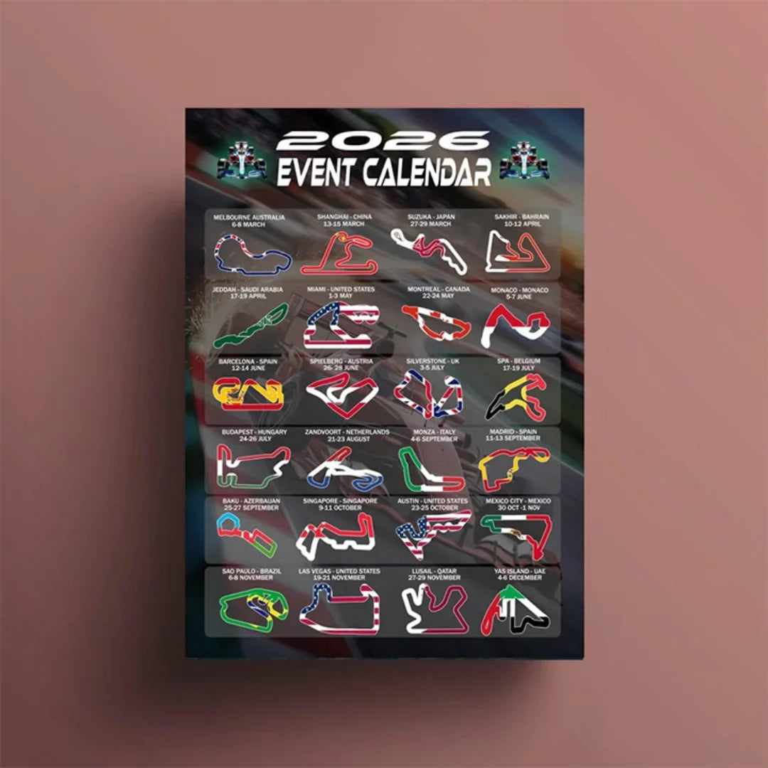 Gifts and Temptations 2026 Formula Racing Event Calendar Poster Track Layouts with National Flags, Wall Art Print