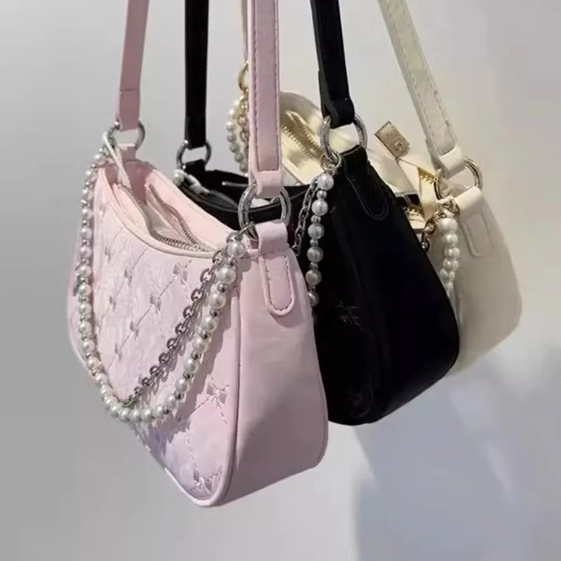 Women's Shoulder Bag | Elegant Cute Bow Pearl Chains & Embroidery Handbag (Casual Leather Korean Fashion Female Handbag)