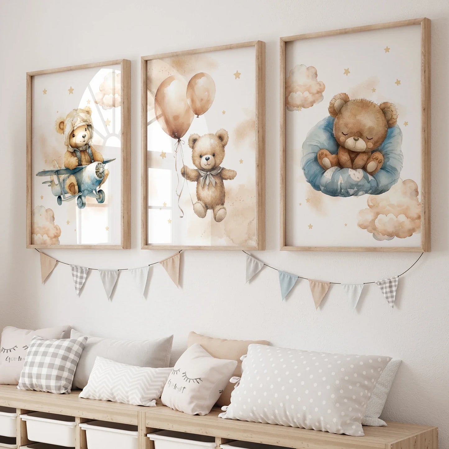 3pcs Cartoon Children Yellow Teddy Bear Vehicle Wall Art Prints Canvas Painting Poster Picture For Living Room Home Decor