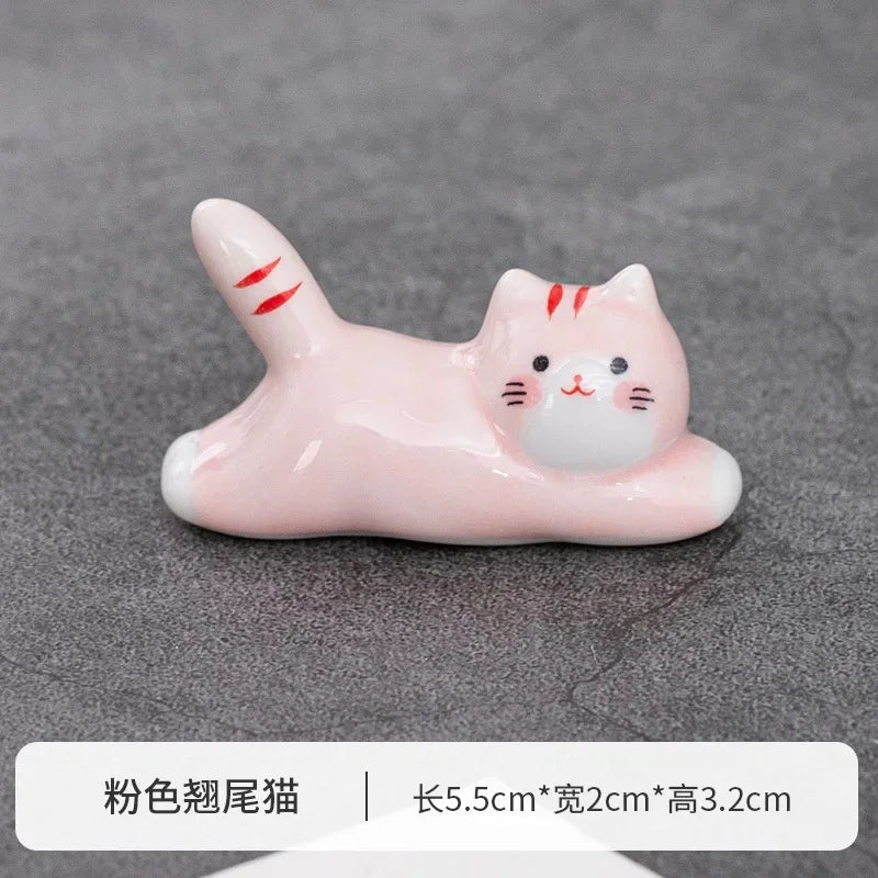 Japanese Style Underglaze Ceramic Cute Cat Chopstick Holder Tableware Restaurant Simple Oval Spoon Bracket Utensil for Kitchen